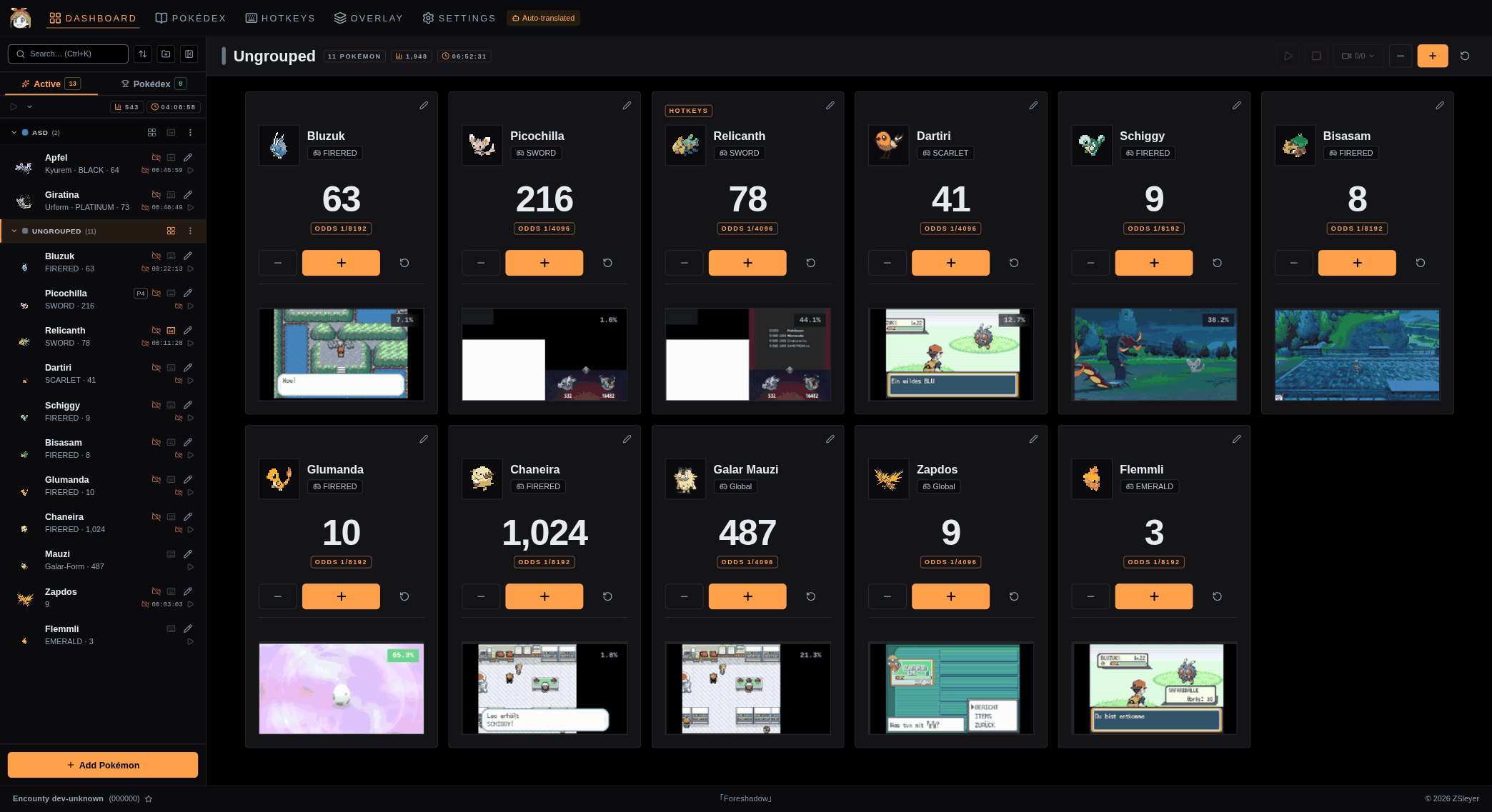 Encounty dashboard in group view with twelve parallel shiny hunts, each with counter, odds and live preview