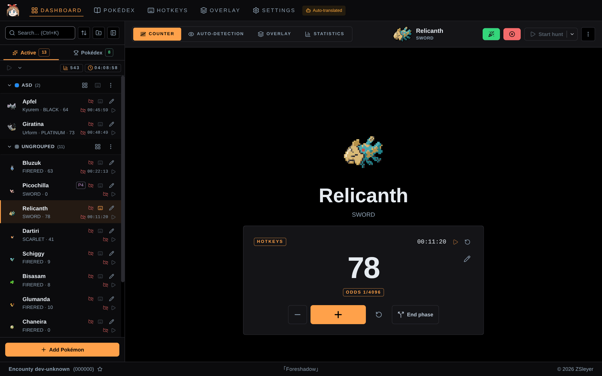 Encounty dashboard showing active shiny hunts with encounter counter, timer and odds