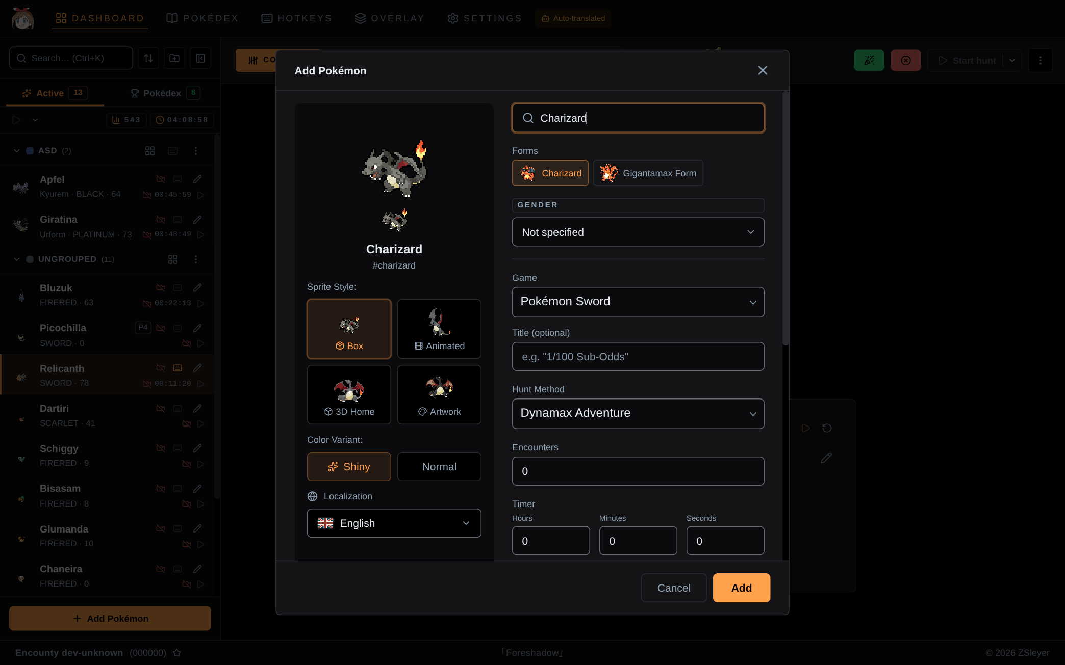 Add Pokémon dialog with Pokédex search, sprite styles and hunt method selection