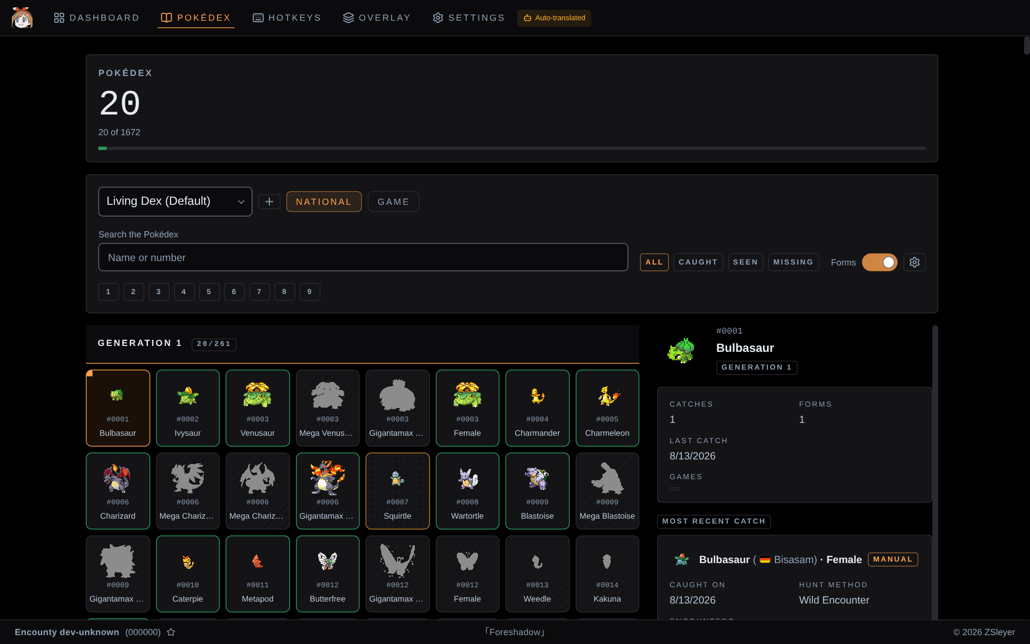 Encounty Pokédex page with completion progress, National, Game and Forms modes and a species detail panel