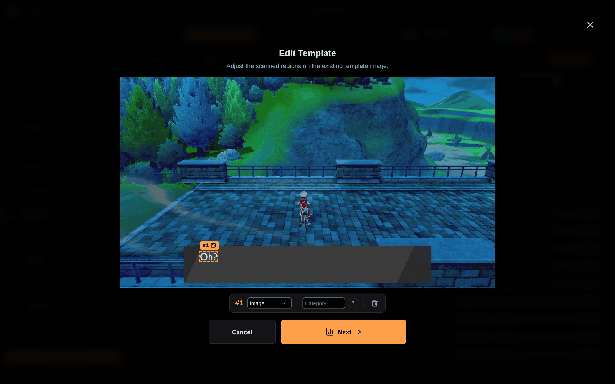 Template editor with a marked scan region on a captured game frame